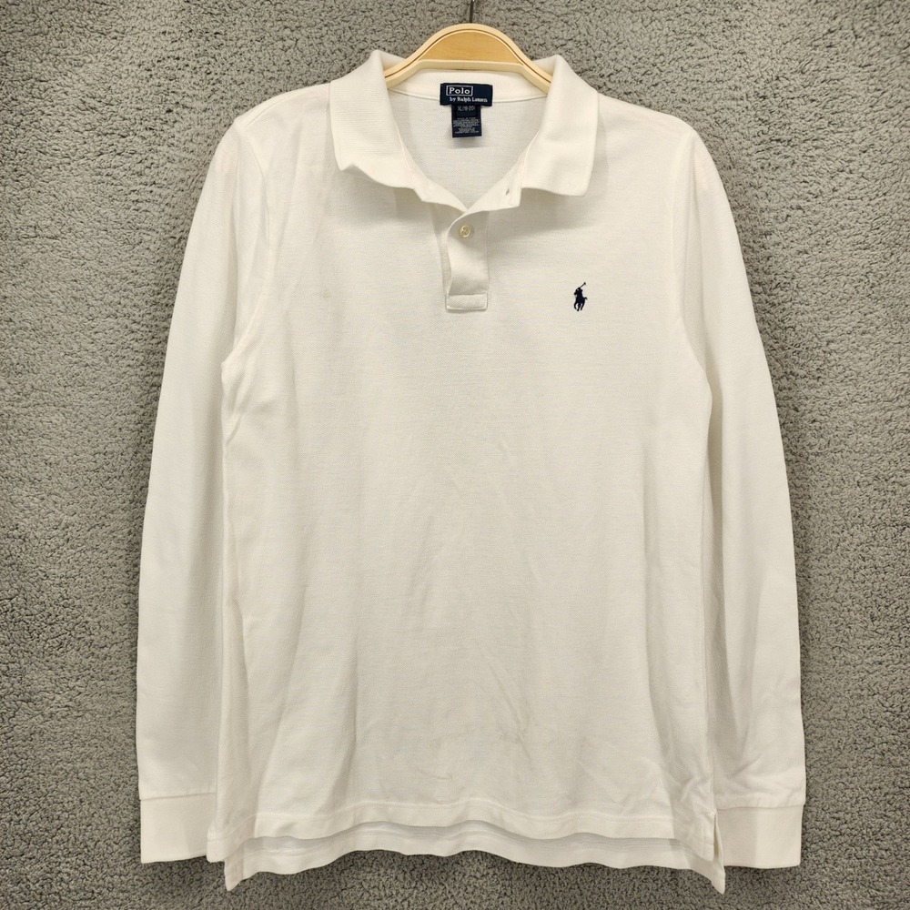 Polo Ralph Lauren Boys XL 18-20 White Long Sleeve Pique Polo Shirt Navy Pony